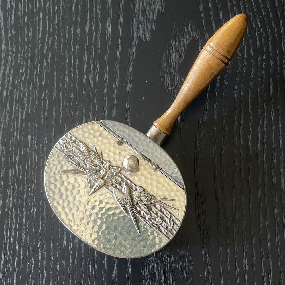 Vintage Silver-Plated Silent Butler with Wooden Handle - Swallow Relief Pattern